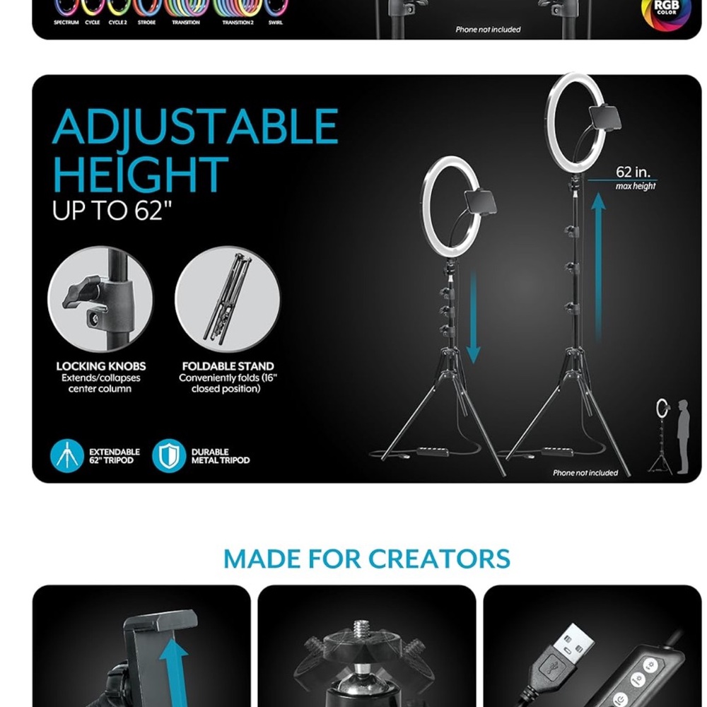 Bower 12” RGB LED Selfie Ring Light Kit w/ Tripod & Wireless Remote - Picture 8 of 9